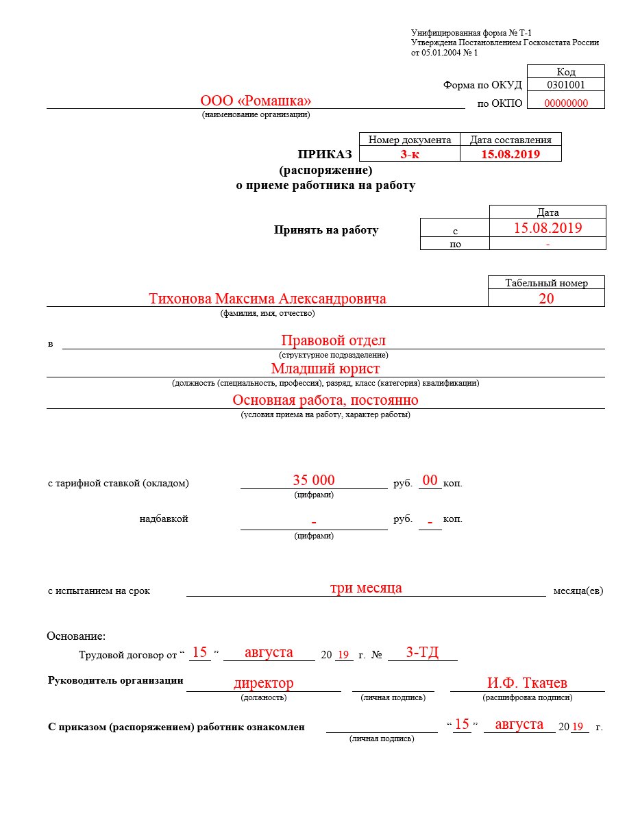 Приказ с испытательным сроком 3 месяца образец