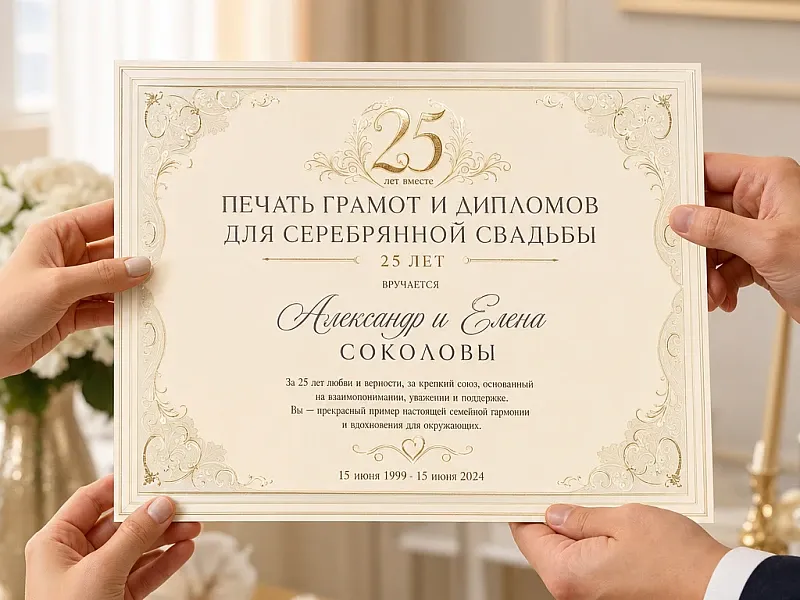 Печать грамот и дипломов для серебрянной свадьбы 25 лет на заказ
