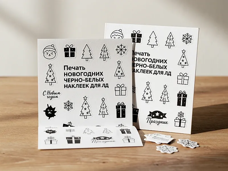 заказать Печать новогодних черно-белых наклеек для лд