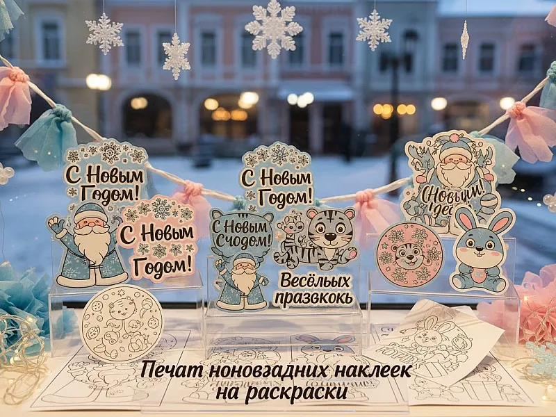 Печать новогодних наклеек на раскраски дешево